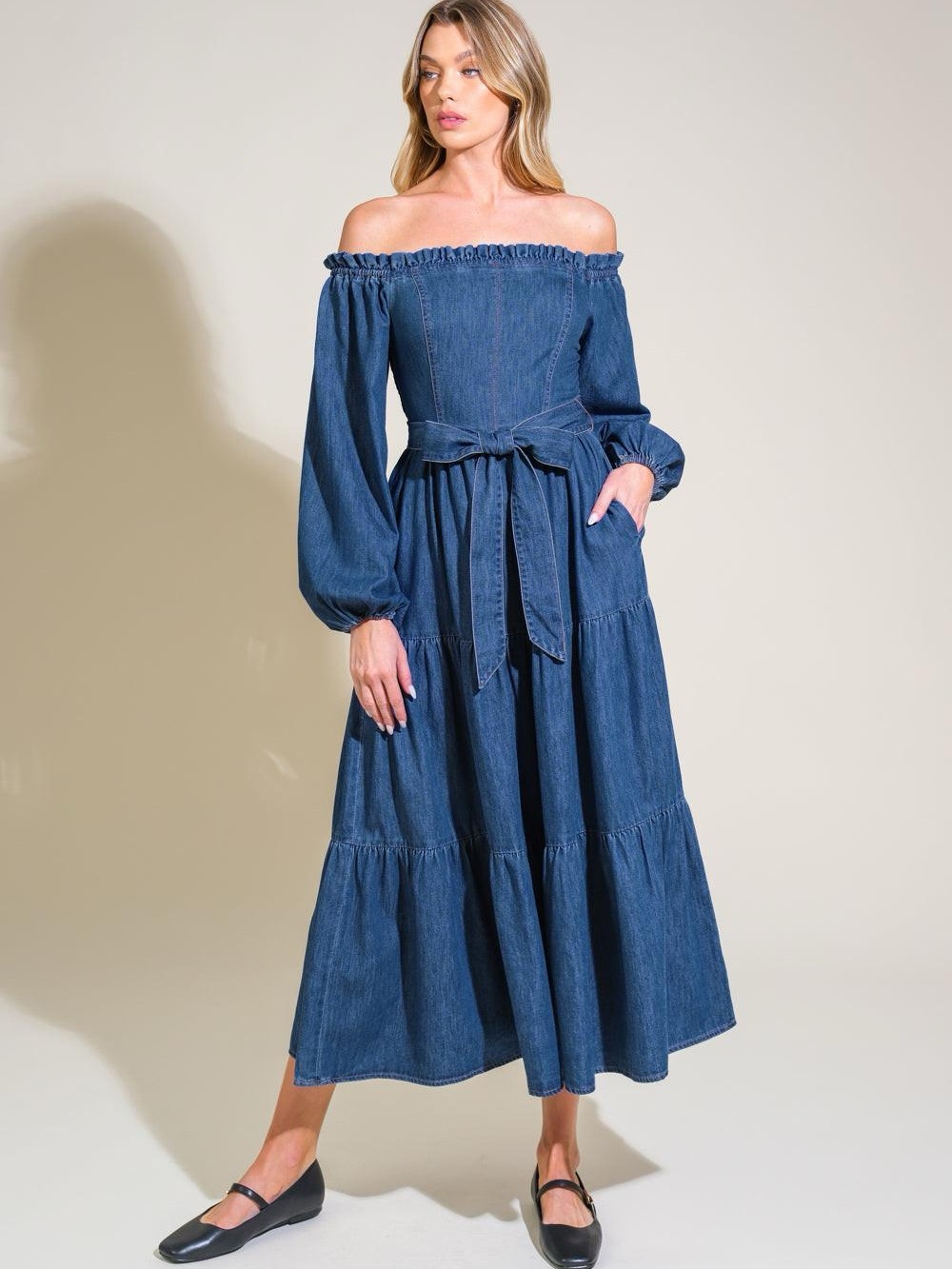Flying Tomato Off-Shoulder Denim Maxi Dress in Blue